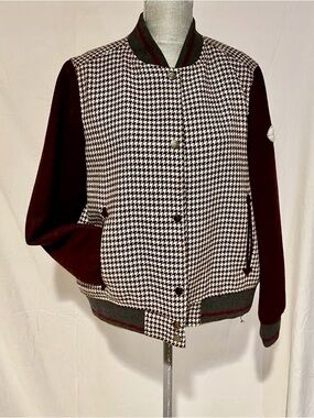 Zara Houndstooth Varsity Jacket with Burgundy Sleeves